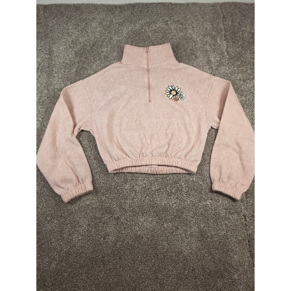Celebrity Pink Womens Pink Daisy Embroidered Quarter Zip Cropped Fleece Pullover